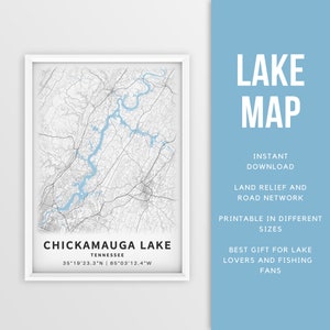 Mapa imprimible Lago Chickamauga, Tennessee - Descarga instantánea \ Mapa del lago \ Arte de la pared \ Cartel de pesca \ Decoración de la casa del lago \ LakeLife \ Paseos en bote