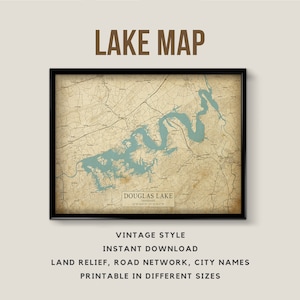 Mappa stampabile in stile vintage di Douglas Lake, Tennessee, Stati Uniti con nomi di città - Download istantaneo \ Antico \ Rustico \ Vecchio stile \ Lake House