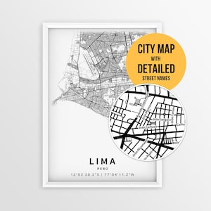 May include: A framed black and white map of Lima, Peru, featuring a detailed street grid and coordinates. A circular inset highlights specific street names, while a yellow circle displays the text CITY MAP WITH DETAILED STREET NAMES.