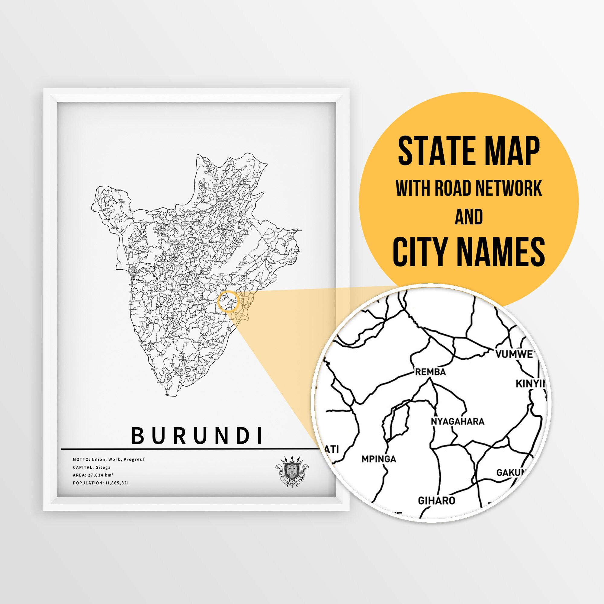 Printable Map of Burundi with city names and roads - Instant Download \ Country Map \ Map Art \ Travel Planner \ Pushpin map \ Map Print
