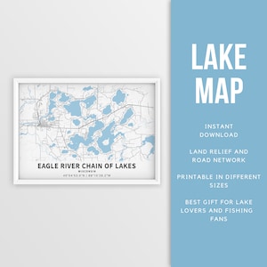 Mapa imprimible de la cadena de lagos del río Eagle, Wisconsin, EE. UU. - Descarga instantánea \ Cartel del mapa \ Decoración de la casa del lago \ LakeLife \ Pesca \ Paseos en bote