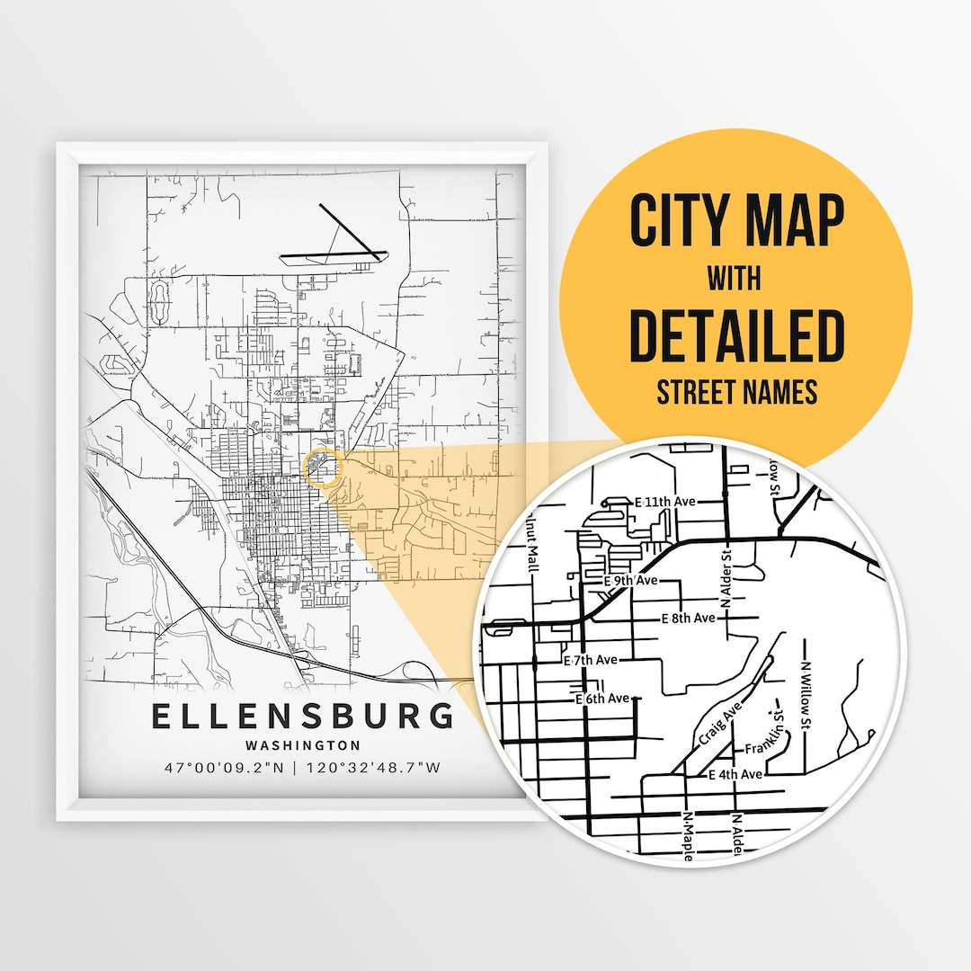 Printable Map Of Ellensburg Washington USA With Street Names Il Lws4 