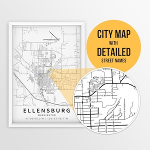 Ellensburg, Washington, USA Stadtplan mit Straßennamen - Sofortiger Download \ Stadt Karte ~ Reise Geschenk ~ Stadt Poster ~ Strassen Karte Print