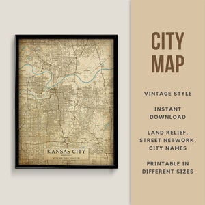 Printable Vintage Style Map of Kansas City, Missouri - Instant Download \ Street Map \ Wall Art \ Map Poster \ Antique Style \ Map Print