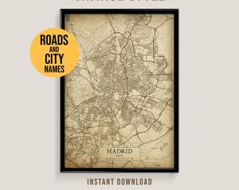 Madrid, Spain Vintage Style Map, Printable Madrid City Poster (Instant Download)