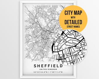 Carte de Sheffield (Yorkshire) avec les noms des rues, affiche imprimable de la ville de Sheffield (Royaume-Uni) (téléchargement instantané)