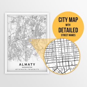 Druckbare Karte von Almaty, Kasachstan mit Straßennamen - Instant Download ~ Karte ~ ~ Stadt Karte + Strassen Karte Print