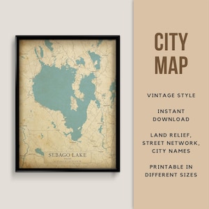 Vintage Style Map of Sebago Lake, Maine, USA with City Names - Instant Download \ Lake Map \ Wall Art \ Printable Poster \ Lake House Decor