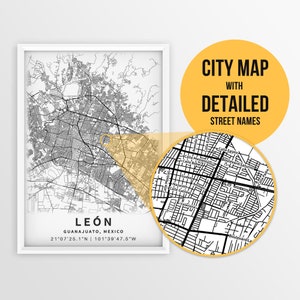 Mapa para impressão de León, Guanajuato, México com nomes de ruas - Download instantâneo \ Mapa da cidade \ Arte de parede \ Cartaz do México \ Mapa de estradas \ Impressão de mapa