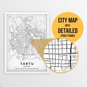 Printable Map of Tartu, Estonia with Street Names - Instant Download \ City Map \ Travel Gift \ City Poster \ Road Map Print \ Street Map