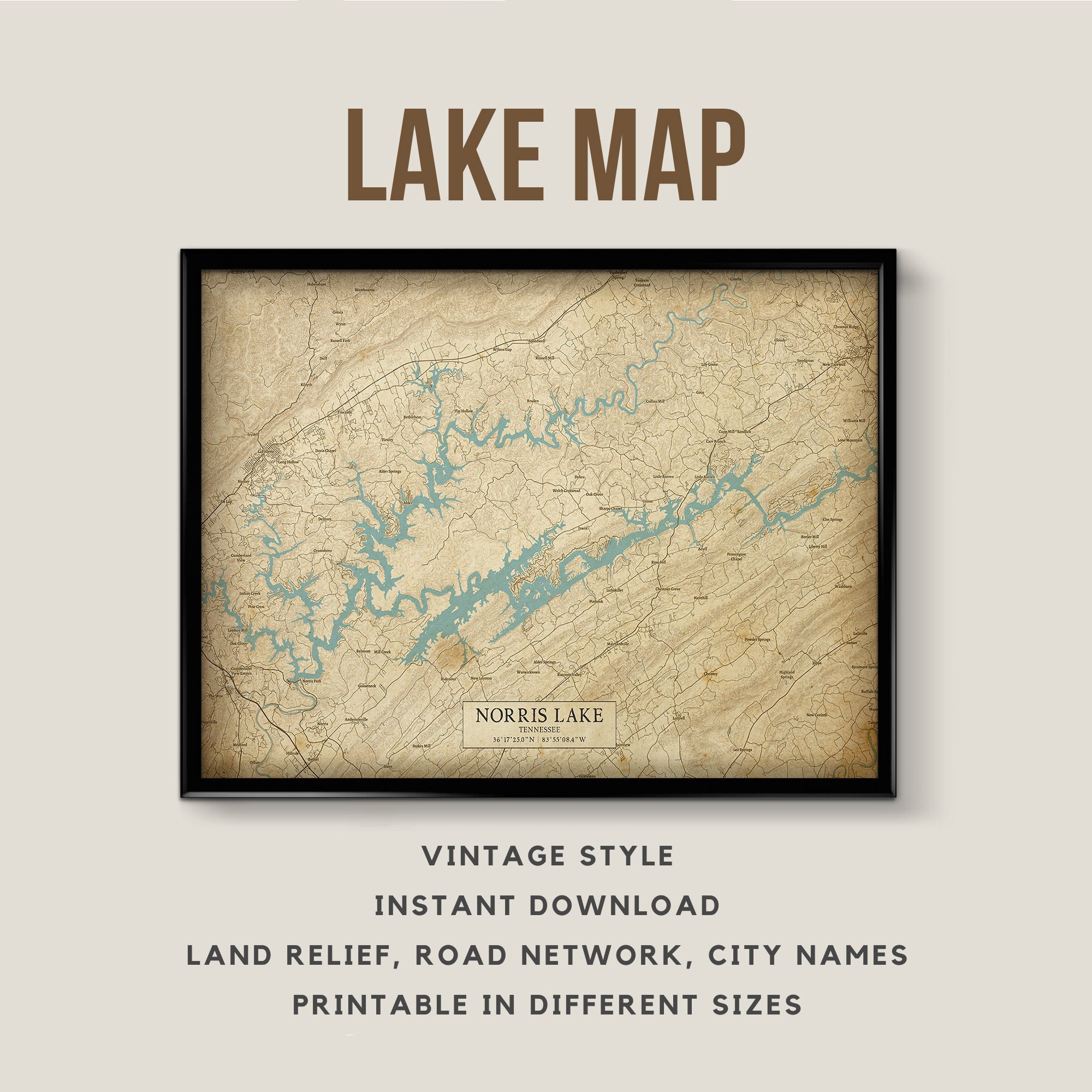 Printable Vintage Style Map of Norris Lake, Tennessee with City names - Instant Download \ Antique \ Lake Map \ Wall Art \ Lake Poster