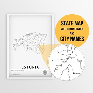 Mapa da Estônia para impressão com nomes de cidades e estradas - Download instantâneo \ Mapa do país \ Arte do mapa \ Mapa de alfinetes \ Planejador de viagens \ Presente da Estônia
