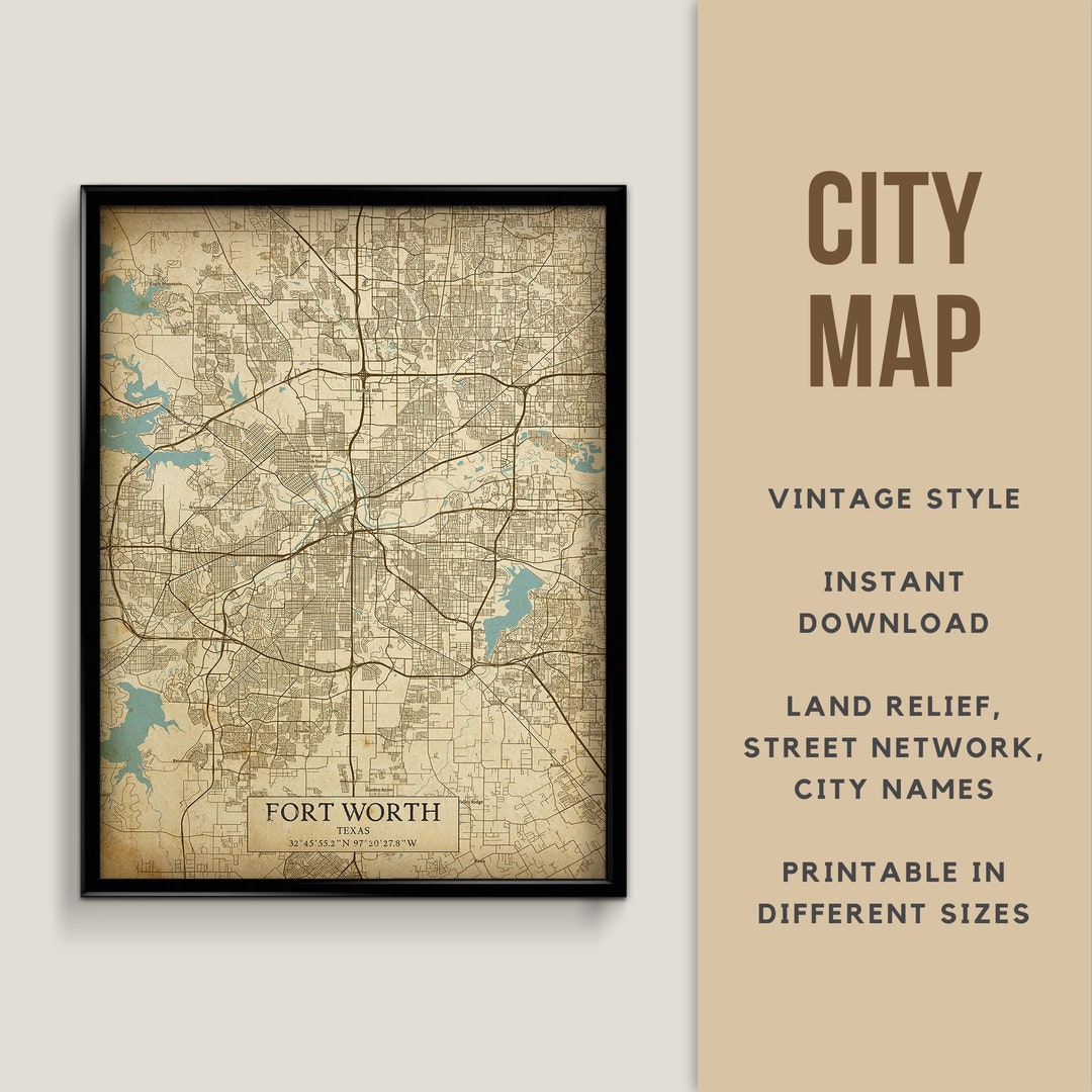 Printable Vintage Style Map of Fort Worth, Texas, USA Instant Download ...