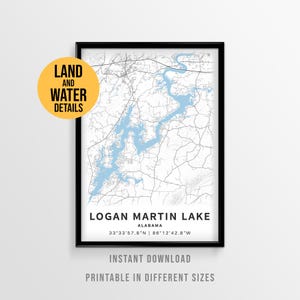 Affiche de carte de Logan Martin Lake, art maison imprimable Alabama Lake (téléchargement instantané)