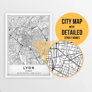 Druckbare Karte von Lyon, Frankreich mit Straßennamen - Sofort Download \ City Map \ Travel Gift \ City Poster \ Road Map Print \ Street Map