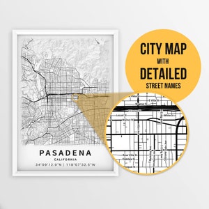 Afdrukbare kaart van Pasadena, Californië, VS met straatnamen - Instant Download \ Stadsplattegrond \ Reiscadeau \ Stadsposter \ Routekaart afdrukken