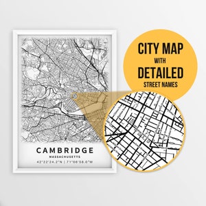 Druckbare Karte von Cambridge, Massachusetts, USA mit Straßennamen - sofortiger Download ~ Karte ~ ~ Stadt Karte ~ Strassen Karte Print