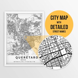 Druckbare Karte von Querétaro, Mexiko mit Strassennamen - sofortdownload \ Stadt Karte Photo Kunst