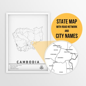 Mapa imprimível do Camboja com nomes de cidades e estradas - Download instantâneo \ Phnom Penh \ Cartaz de mapa \ Mapa de alfinetes \ Planejador de viagens \ Mapa de estradas