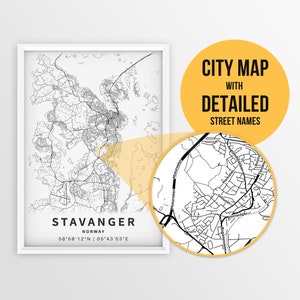 Druckbare Karte von Stavanger, Norwegen mit Straßennamen - sofortiger Download ~ Karte ~ Strassenkarte ~ Strassenkarte ~ Poster ~ Strassenkarte