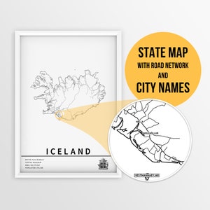 Carte imprimable de l'Islande avec les noms des villes et des routes - téléchargement immédiat \ carte du pays \ art de la carte \ carte à épingles \ organisateur de voyage \ cadeau Islande