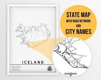 Printable Map of Iceland with city names and roads - Instant Download \ Country Map \ Map Art \ Push Pin Map \ Travel Planner \ Iceland Gift