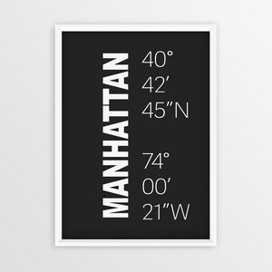 Póster de coordenadas de Manhattan, Nueva York, arte mural con GPS imprimible. Impresión de latitud y longitud de Manhattan, arte tipográfico, descarga digital.