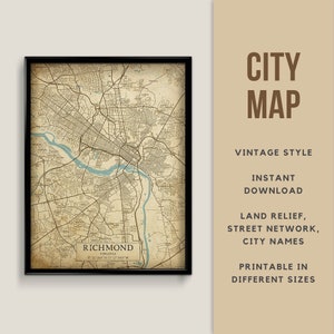 Druckbare Karte im Vintage-Stil von Richmond, Virginia, USA - Sofortiger Download \ Straßenkarte \ Kartenposter \ Antiker Stil \ Kartendruck \ Wandkunst