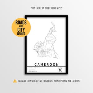 Mapa de Camarões em pôster, mapa rodoviário camaronês imprimível com nomes de cidades (download instantâneo)