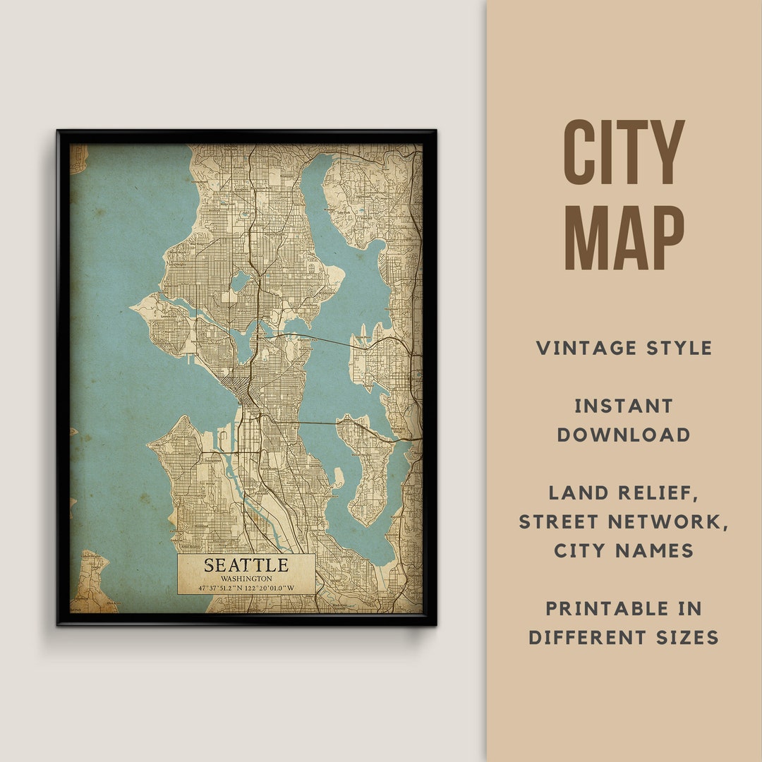 Printable Vintage Style Map of Seattle, Washington, USA Instant ...