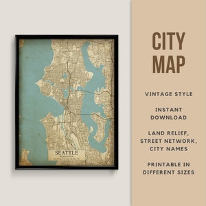 Carte imprimable de style vintage de Seattle, Washington, États-Unis - téléchargement immédiat \ plan des rues \ affiche de carte \ antiquité \ impression de carte \ cadeau Seattle