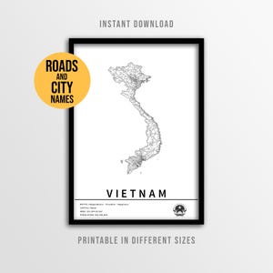 Vietnam Map Poster, druckbare Landkarte mit Städtenamen (Instant Download)