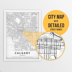 Mapa para impressão de Calgary, Alberta, Canadá com nomes de ruas - download instantâneo \ Mapa da cidade \ Presente de viagem \ Cartaz da cidade \ Impressão de mapa de estradas