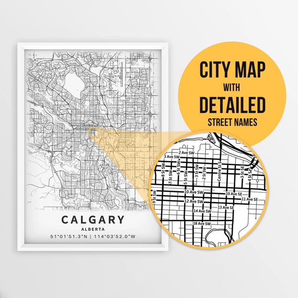 Printable Map of Calgary, Alberta, Canada with Street Names - Instant Download \ City Map \ Travel Gift \ City Poster \ Road Map Print