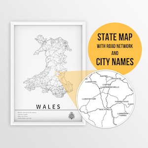 Afdrukbare kaart van Wales, Verenigd Koninkrijk met plaatsnamen - Instant Download \ Landkaart \ Kaartkunst \ Routekaart \ Reisplanner \ Push Pin Map