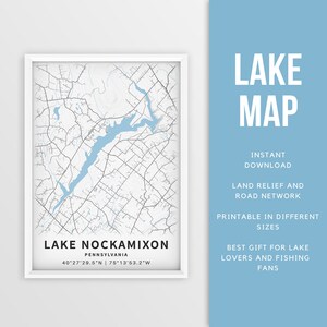 Mapa imprimible del lago Nockamixon, Pensilvania - Descarga instantánea \ Mapa del lago \ Cartel del mapa \ Decoración de la casa del lago \ LakeLife \ Pesca \ Paseos en bote