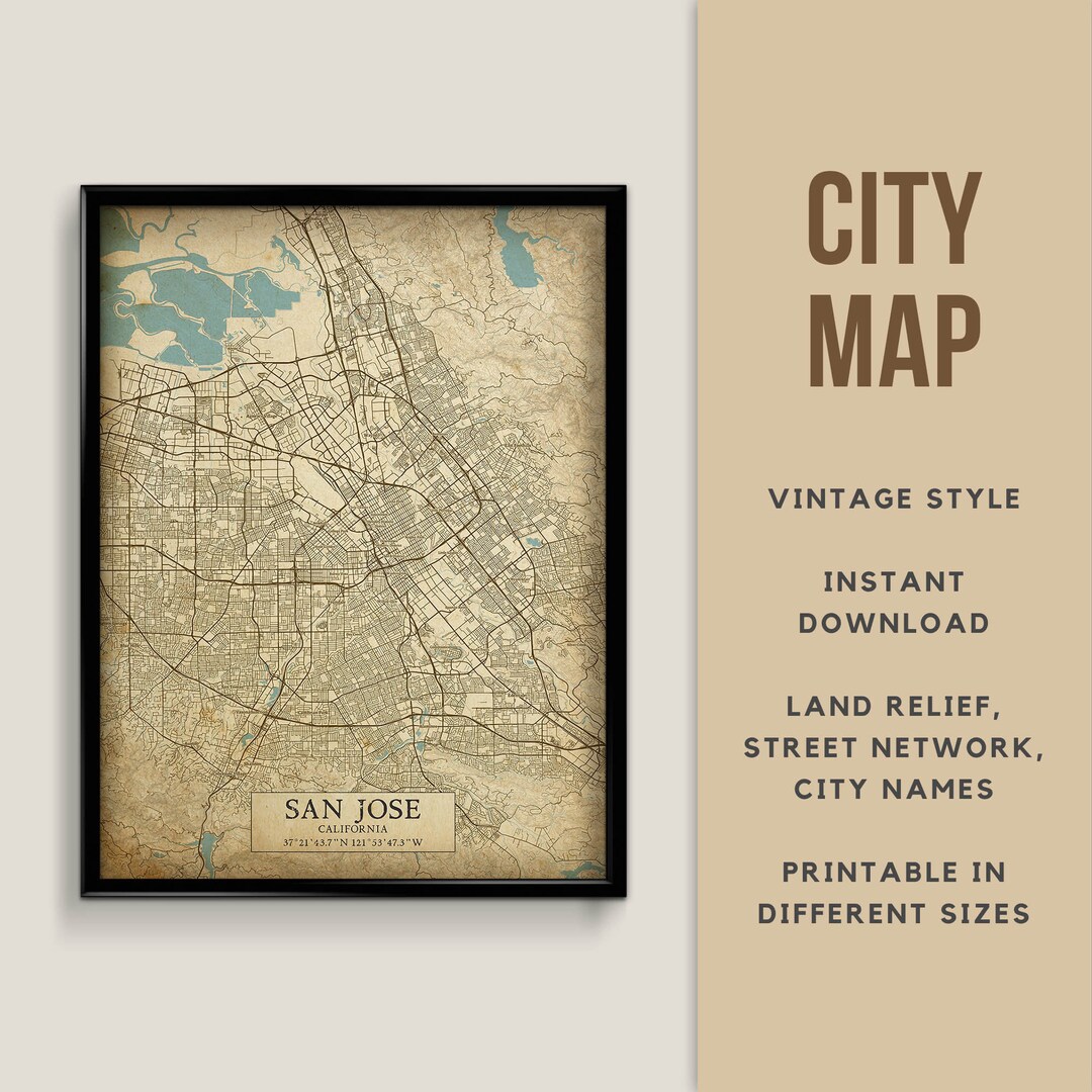 Printable Vintage Style Map of San Jose, California, USA - Instant ...