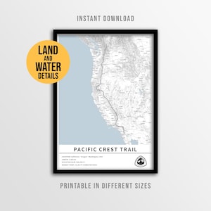 Mapa da Pacific Crest Trail (Pôster), Rota Cênica Nacional PCT para Imprimir (Download Instantâneo)