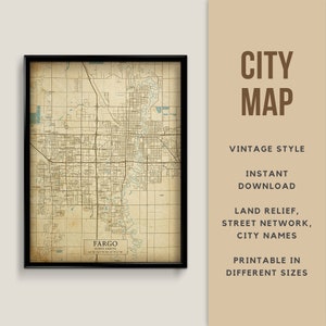 Printable Vintage Style Map of Fargo, North Dakota USA - Instant Download \ Street Map \ Map Poster \ Antique Style \ Map Print \ Wall Art
