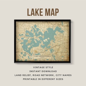 Vintage Stil Karte von Lake Minnetonka, Minnesota mit Städtenamen - Sofort Download \ Karte des Sees // Rustikal // Vintage Stil // Poster