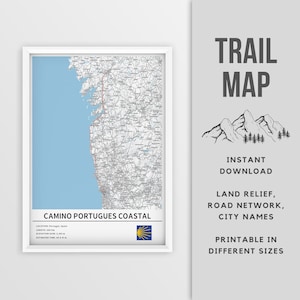 Carte imprimable de la route côtière Camino Portugues - téléchargement immédiat \ carte des sentiers \ cadeau de randonnée \ affiche d'extérieur \ impression de carte \ Camino Santiago
