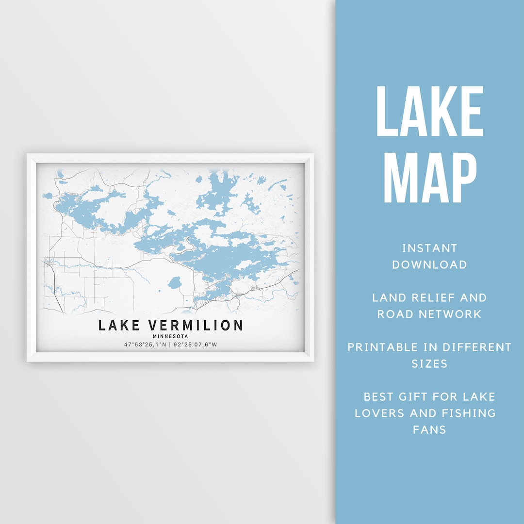 Printable Map of Lake Vermilion, Minnesota, US Instant Download Lake