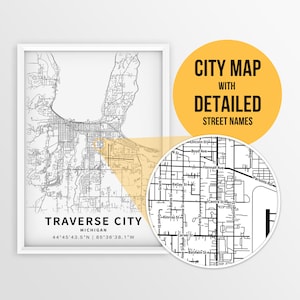 Printable Map of Traverse City, Michigan with Street Names - Instant Download \ City Map \ Travel Gift \ City Poster \ Grand Traverse County