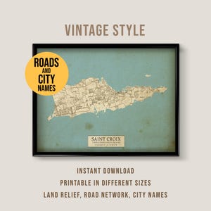 Saint Croix, Amerikaanse Maagdeneilanden kaart vintage stijl, afdrukbare USVI-stadsposter (direct downloaden)