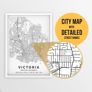 Mapa para impressão de Victoria, Colúmbia Britânica, Canadá com nomes de ruas - download instantâneo \ Mapa da cidade \ Presente de viagem \ Cartaz da cidade \ Mapa de estradas