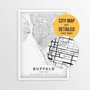 May include: A framed black and white city map of Buffalo, New York, featuring street grids and coordinates. A circular inset shows a magnified view of street names. A yellow circular overlay contains the text CITY MAP WITH DETAILED STREET NAMES.