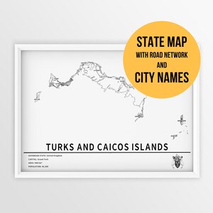 Printable Map Turks and Caicos Islands with city names and roads - Instant Download \ Country Map \ Map Art \ Push Pin Map \ Travel Planner