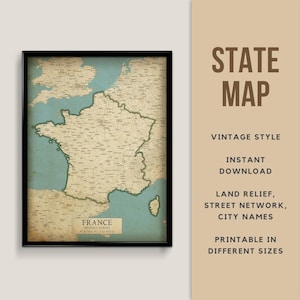 Pôster de mapa estilo vintage para impressão da França - Download instantâneo, Mapa rodoviário, Pôster da França, Estilo antigo, Presente de viagem para a França, Mapa da cidade da França