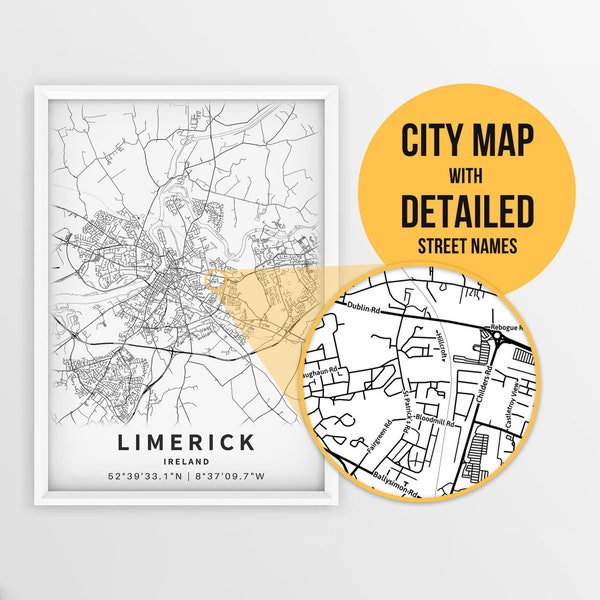 Printable Map of Limerick, Ireland with Street Names - Instant Download \ City Map \ Travel Gift \ City Poster \ Road Map Print \ Street Map