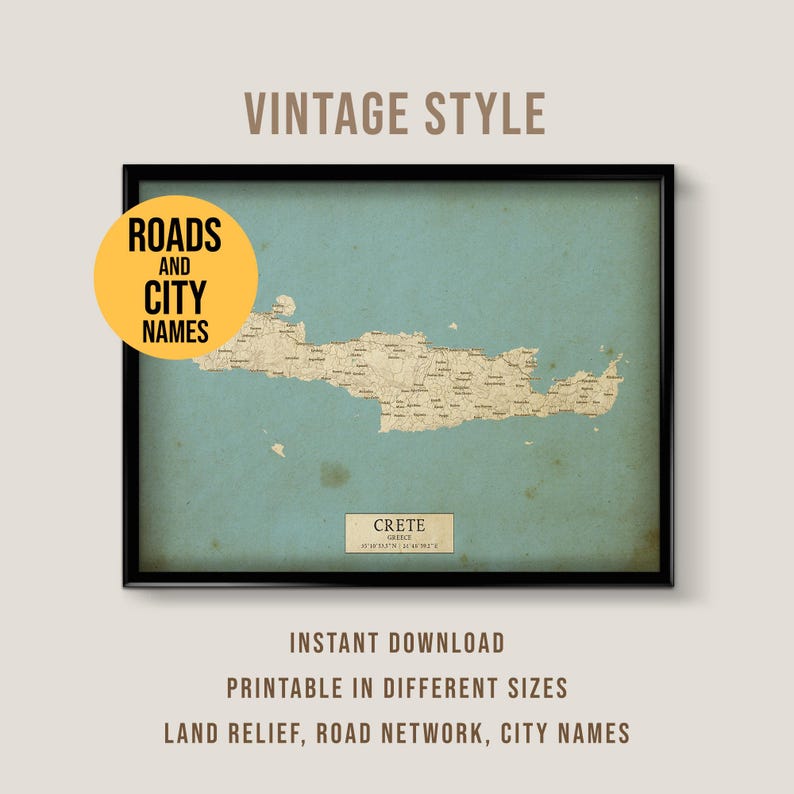 Crete, Greece Vintage Style Map, Printable Crete Heraklion Poster ...